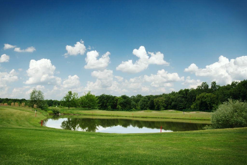 Mirror lake, lawn for golfing on golf course